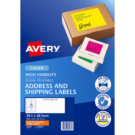Avery Shipping Label L7163FO Flo Orange Laser 99.1x38.1mm 14up 25 Sheets - Cafe Supply