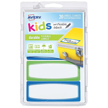 Avery Label Kids Durable Green Blue Border 89x32mm 4up 5 Sheets - Cafe Supply