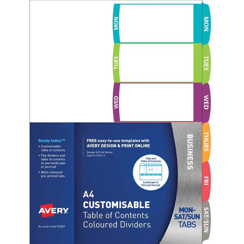 Avery Customisable Table Of Contents A4 Days Of Week 6 Tab Coloured - Cafe Supply