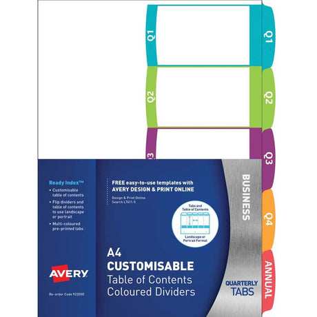 Avery Customisable Table Of Contents A4 Quarterly 5 Tabs Coloured - Cafe Supply
