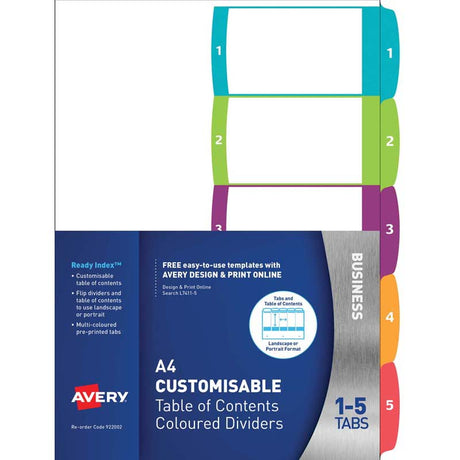 Avery Customisable Table Of Contents A4 1-5 Tabs Coloured L7411-5 - Cafe Supply