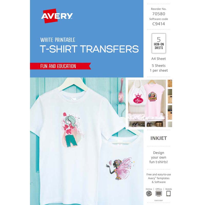 Avery Tshirt Transfer Inspired C9414 A4 White 1up 5 Sheets - Cafe Supply