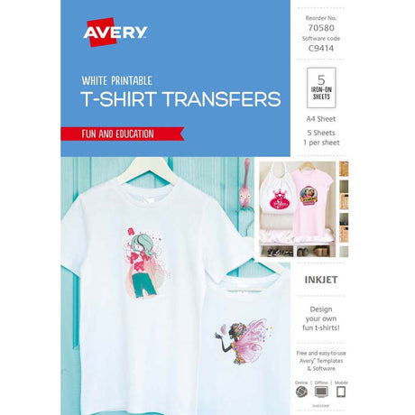 Avery Tshirt Transfer Inspired C9414 A4 White 1up 5 Sheets - Cafe Supply