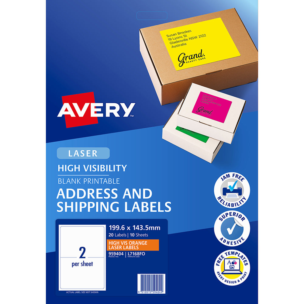 Avery Shipping Label L7168FO Fluoro Orange Laser 199.6x143.5mm 2 Up 10 Shts - Cafe Supply