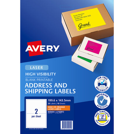 Avery Shipping Label L7168FO Fluoro Orange Laser 199.6x143.5mm 2 Up 10 Shts - Cafe Supply