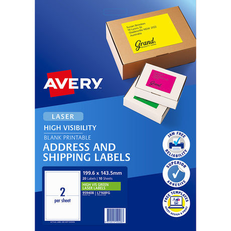 Avery Shipping Label L7168FG Fl Green Laser 199.6x143.5mm 2up 10 Sheets - Cafe Supply