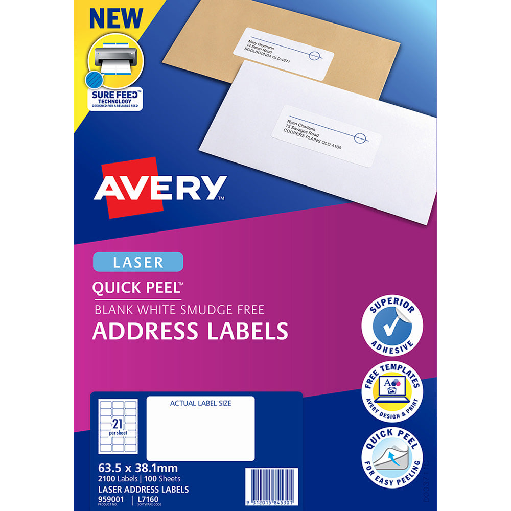 Avery Label L7160-100 Quick Peel 63.5x38.1mm 21up 100 Sheets