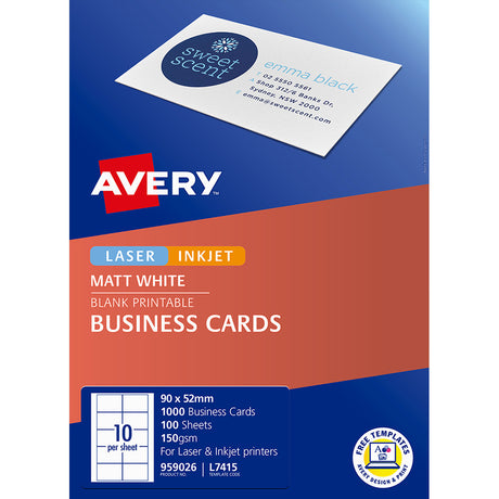 Avery Business Cards L7415-100 10up 100 Sheets Inkjet Laser - Cafe Supply