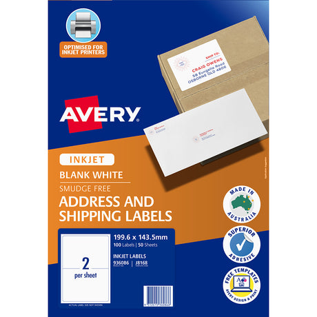 Avery Label J8168-50 Inkjet 2up 50 Sheets 199x143mm - Cafe Supply