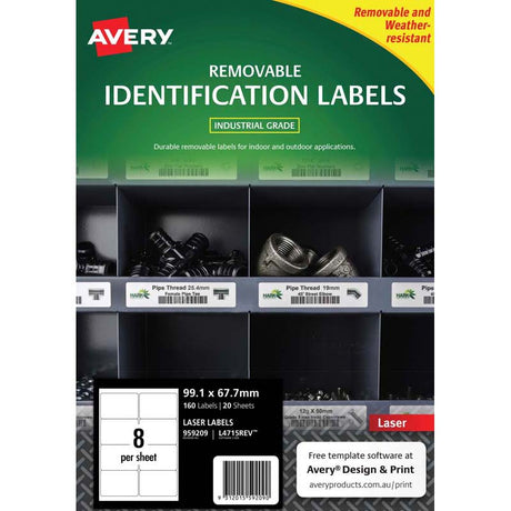 Avery Weather Resistant Removable Label L4715 Laser 99.1x67.7mm White 8up 20 Sheets - Cafe Supply