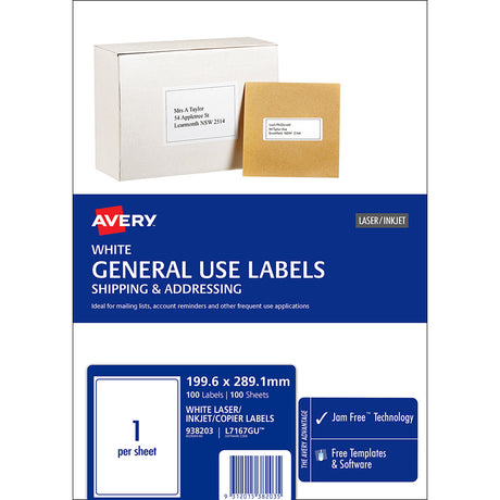 Avery Label L7167 General Use A4 1up 100 Sheets 199x289mm - Cafe Supply