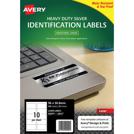 Avery Heavy Duty ID Label L6012 Silver Laser 96x50.8mm 10up 20 Sheets - Cafe Supply