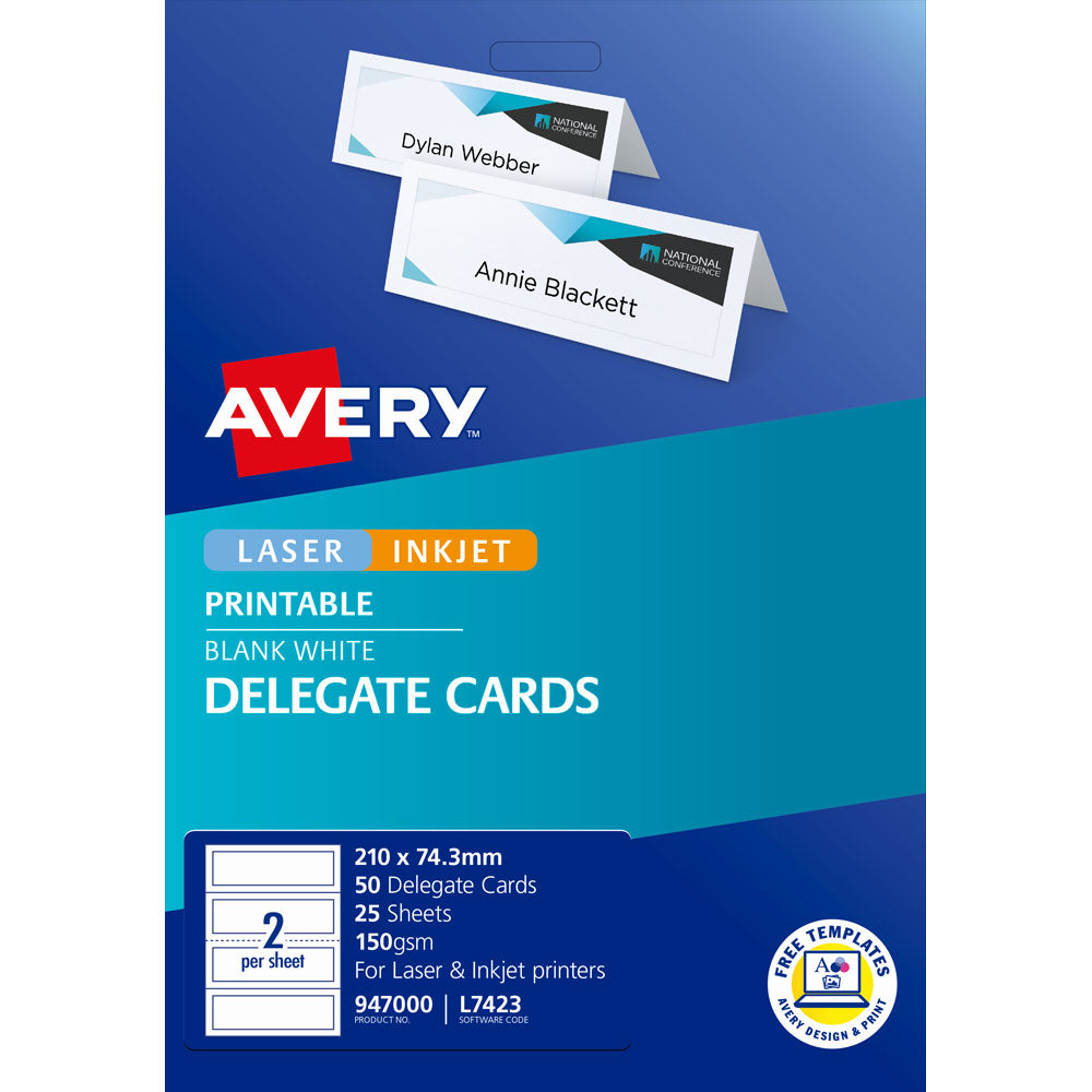 Avery Delegate Cards 210x74.3mm 50 Cards 25 Sheets Inkjet Laser - Cafe Supply