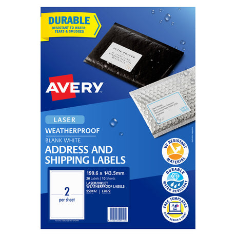 Avery Weatherproof Label L7072 199.6x143.5mm 2up 10 Sheets - Cafe Supply