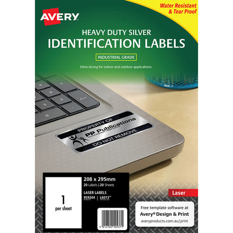 Avery Heavy Duty ID Label L6013 Silver Laser 208x295mm 1up 20 Sheets - Cafe Supply