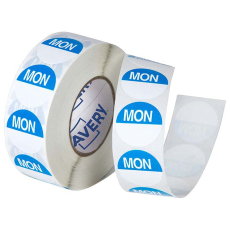 Avery Labels Monday Round Day 24mm Blue White 1000 Roll - Cafe Supply