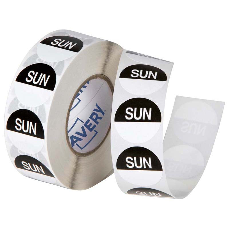 Avery Labels Sunday Round Day 24mm Black White 1000 Roll - Cafe Supply