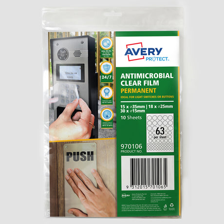 Avery Protect Anti-Microbial Film Permanent Mixed Circles A4 63up 10 Sheets - Cafe Supply
