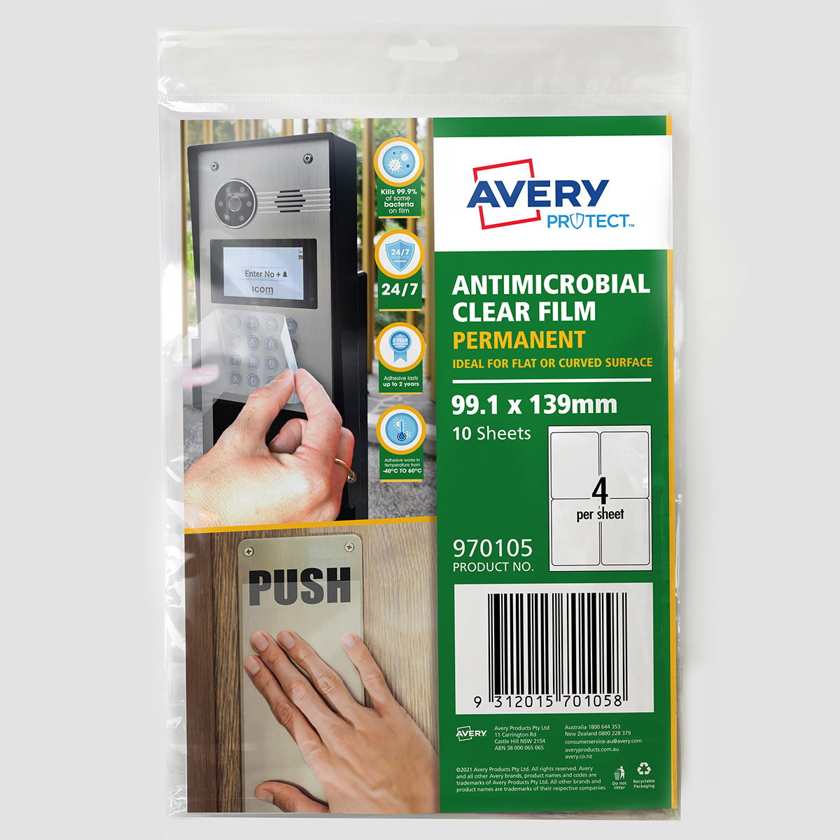Avery Protect Anti-Microbial Film Permanent A4 4up 10 Sheets 99x139mm - Cafe Supply