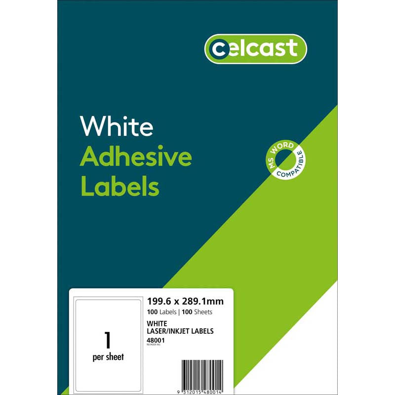 Celcast Labels A4 199.6 X 289.1mm 1up 100 Sheets - Cafe Supply