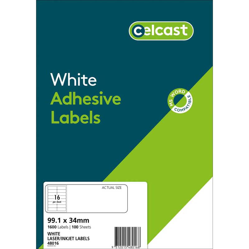 Celcast Labels A4 99.1x34mm 16up 100 Sheets - Cafe Supply
