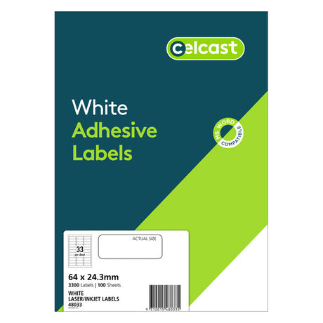 Celcast Labels A4 64x24.3mm 33up 100 Sheets - Cafe Supply