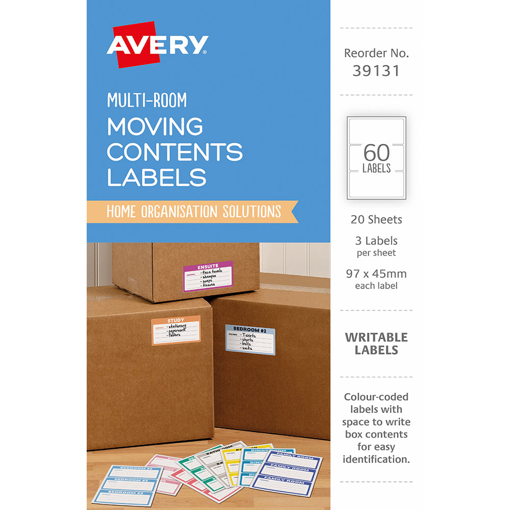 Avery Moving Labels 39131 Assorted Colours 97x45mm 3up 20 Sheets - Cafe Supply