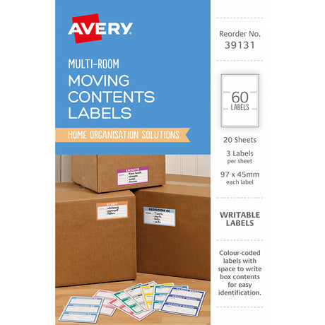 Avery Moving Labels 39131 Assorted Colours 97x45mm 3up 20 Sheets - Cafe Supply