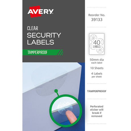 Avery Tamper Proof Label 39133 Clear Dot 50mm 4up 10 Sheets - Cafe Supply
