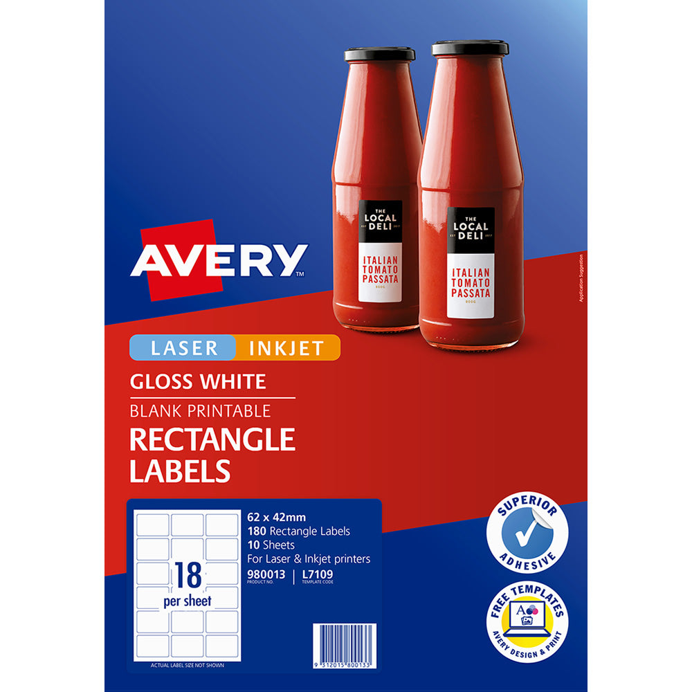 Avery Label L7109 Rectangular White Glossy 18up 10 Sheets 62x42mm - Cafe Supply