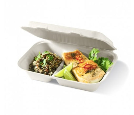 23X15X8CM / 9X6X3" 2-COMPARTMENT WHITE BIOCANE CLAMSHELL - Cafe Supply