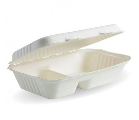 23X15X8CM / 9X6X3" 2-COMPARTMENT WHITE BIOCANE CLAMSHELL - Cafe Supply