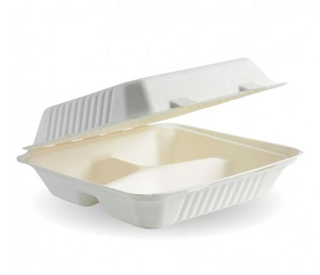 23X23X8CM 3-COMPARTMENT WHITE BIOCANE CLAMSHELL - Cafe Supply