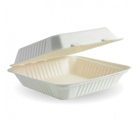 23X23X8CM / 9X9X3" WHITE BIOCANE CLAMSHELL - Cafe Supply