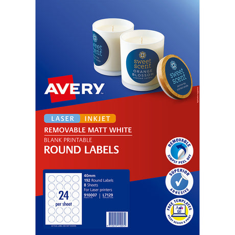 Avery Label L7129 Round Matte White 40mm 24up 8 Sheets - Cafe Supply