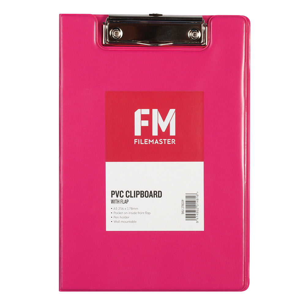 FM Clipboard PVC A5 FM Vivid With Flap Shocking Pink - Cafe Supply