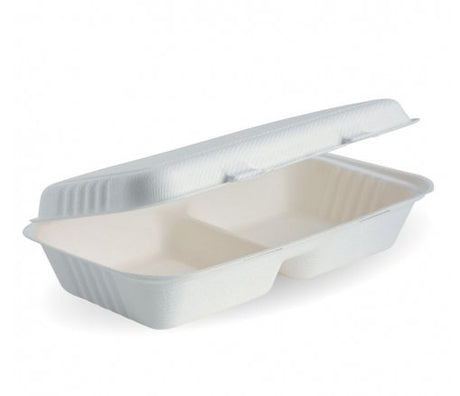 28X16X7CM / 11.6X6X3" 2-COMPARTMENT WHITE BIOCANE CLAMSHELL - Cafe Supply