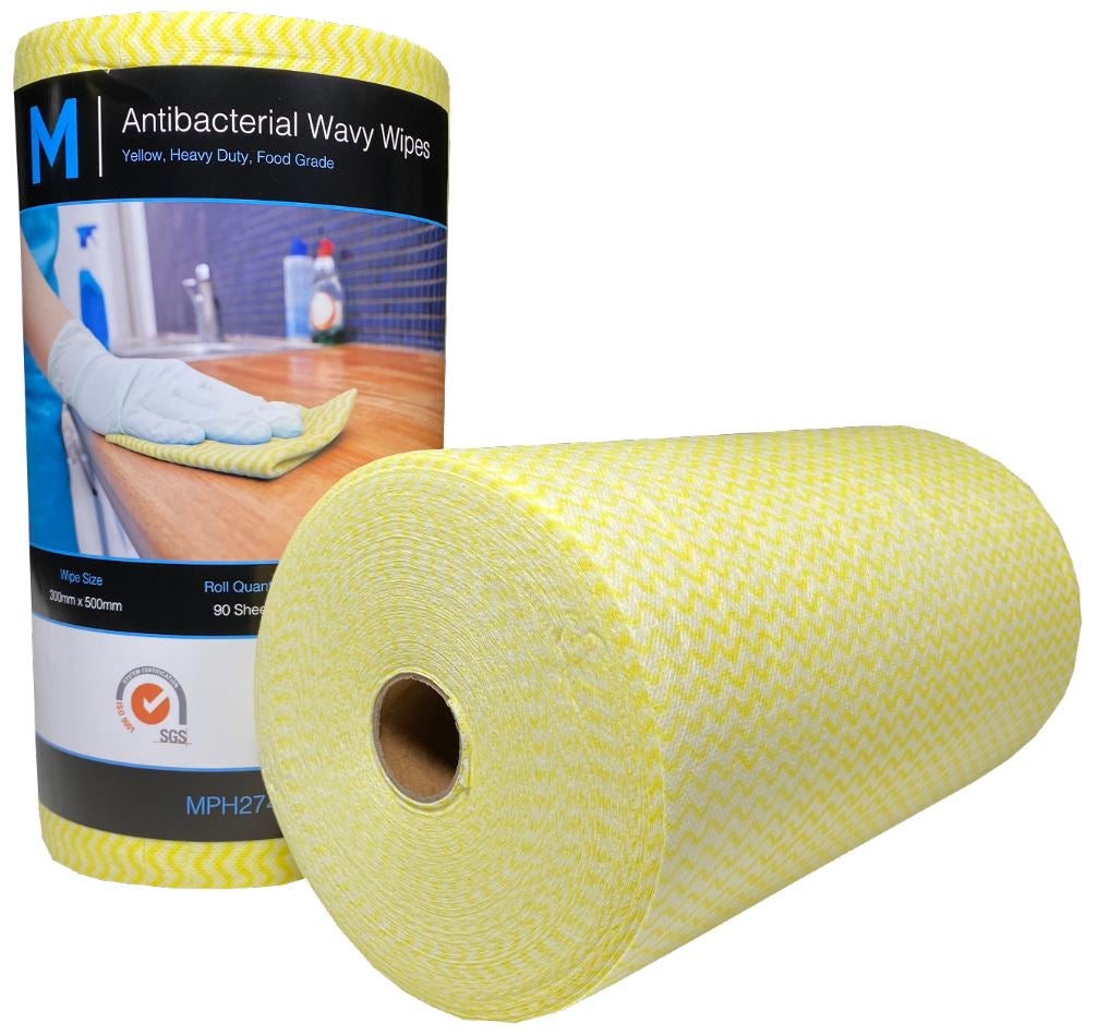 Antibacterial Wavy Wipes - Yellow, 300mm x 500mm, 90 Sheets, 80gsm (4) Per Box - Cafe Supply