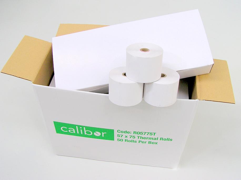 CALIBOR THERMAL PAPER 57X75 50 ROLLS/BOX - Cafe Supply