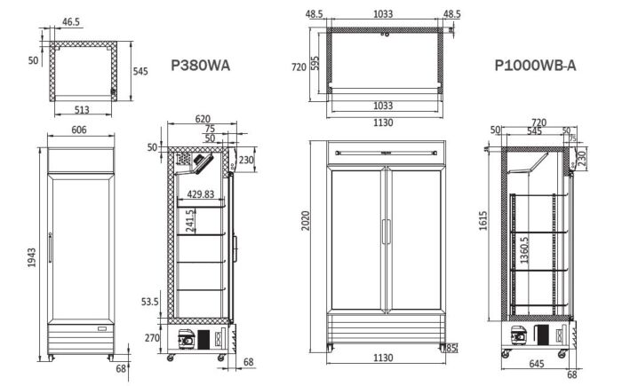 DOUBLE GLASS DOOR MOUNTED FRIDGE P1000WB-A - Cafe Supply