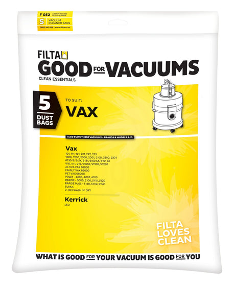 FILTA VAX PAPER VACUUM CLEANER BAGS 5 PACK (F052) - Cafe Supply