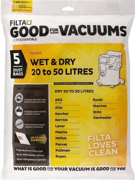 FILTA WET & DRY 50LT SMS MULTI LAYERED VACUUM CLEANER BAGS 5 PACK (C025) - Cafe Supply