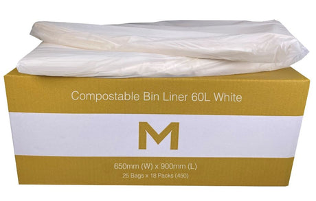 FP Compostable Bin Liner 60L - White, 650mm x 900mm x 30mu (450) Per Box - Cafe Supply