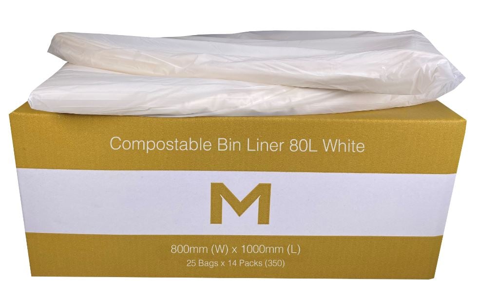 FP Compostable Bin Liner 80L - White, 800mm x 1000mm x 30mu (350) Per Box - Cafe Supply