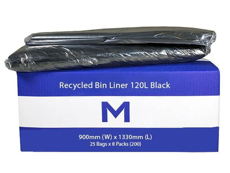 FP Recycled Bin Liner 120L - Black, 900mm x 1330mm x 30mu (200) Per Box - Cafe Supply