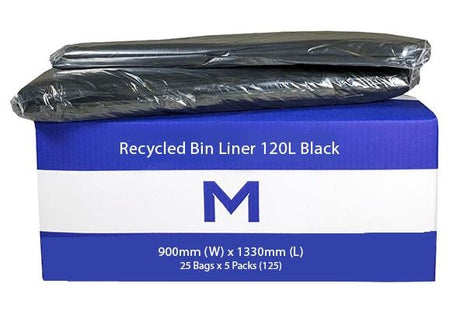 FP Recycled Bin Liner 120L - Black, 900mm x 1330mm x 50mu (125) Per Box - Cafe Supply