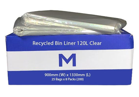 FP Recycled Bin Liner 120L - Clear, 900mm x 1330mm x 30mu (200) Per Box - Cafe Supply