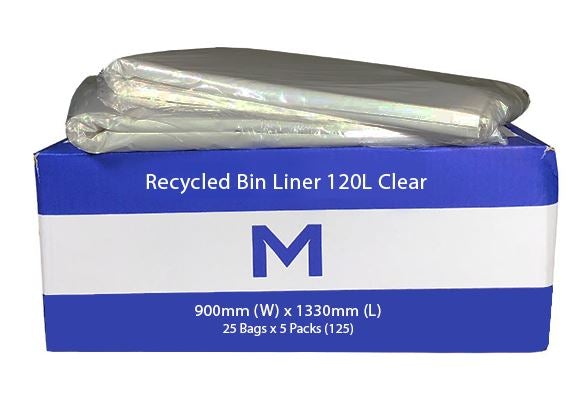 FP Recycled Bin Liner 120L - Clear, 900mm x 1330mm x 50mu (125) Per Box - Cafe Supply