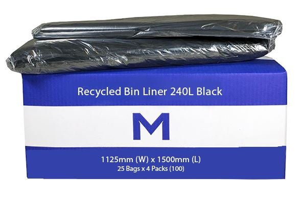 FP Recycled Bin Liner 240L - Black, 1125mm x 1500mm x 50mu (100) Per Box - Cafe Supply