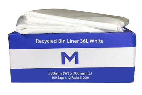 FP Recycled Bin Liner 36L - White, 580mm x 700mm x 20mu (1200) Per Box - Cafe Supply